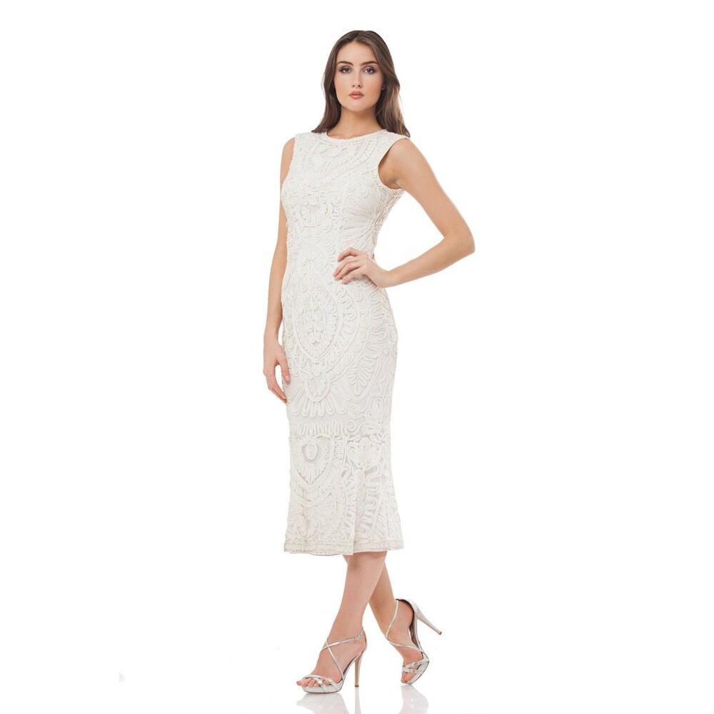 JS Collection Soutache Embroidered Dress Size 2 Cream Sleeveless Midi Event Glam